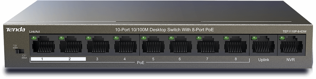 Switch Ethernet Gigabit 10 porte 8 PoE per rete LAN ad Alta Velocità  modello Tenda TEF1110P-8-63W