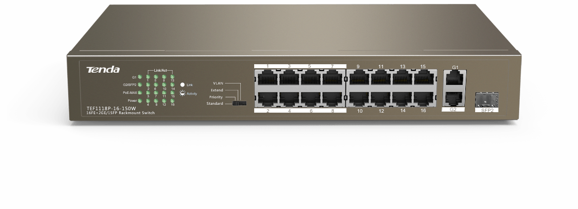 Tenda TEG1116P-16-150W 1000M & PoE 16-Port Gigabit Ethernet Switch with 16- Port PoE - AV Mart Australia